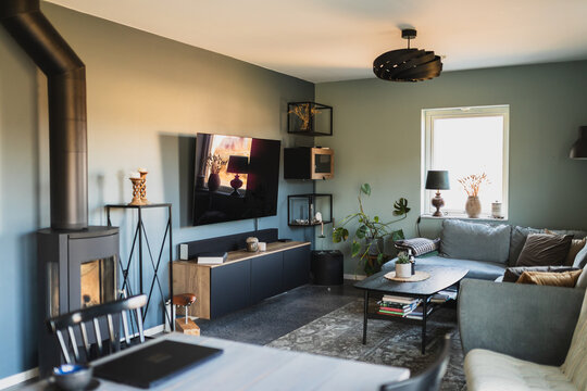 Modern living room interior with wood burning stove