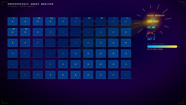 A sophisticated energy consumption dashboard visualizing the real-time activation of a photovoltaic array with radiating solar metrics and dynamic data streams in a futuristic digital environment
