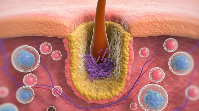 Cutibacterium acnes bacteria proliferating in a human hair follicle with sebum accumulation and immune cell infiltration. Pathogenesis of acne vulgaris, pilosebaceous unit, bacterial proliferation
