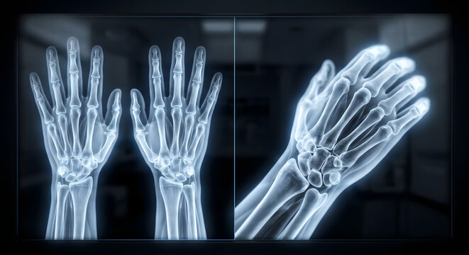 手と指の骨格構造を示すレントゲン画像の上面および斜め俯瞰イメージ
