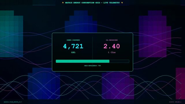 A sophisticated Energy Consumption Dashboard displays fluctuating telemetry data and rising carbon emissions across a dark digital interface with luminous neon accents and pulsing wave patterns
