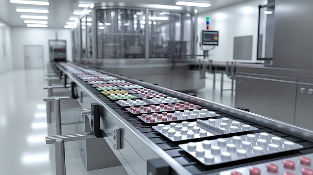 Drug manufacturing process. Conveyor with medical tablets blisters line at modern pharmaceutical plant. Pharmacology production, medicine industry. Laboratory, factory, pharmacy. Healthcare, pharma 3D