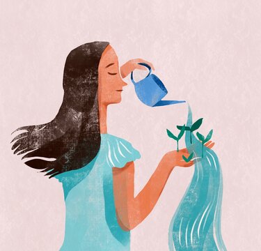 Woman Watering Sprouts Growing in Her Hand