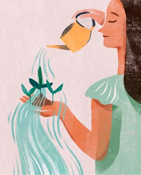 Woman Watering Sprouts Growing in Her Hand