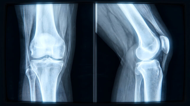 膝関節の構造と膝蓋骨を示す脚のレントゲン正面および側面イメージ
