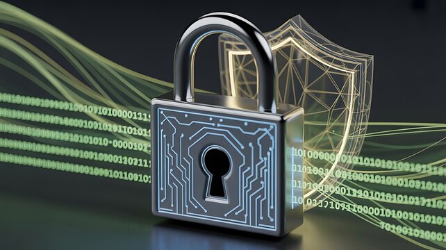 Encryption security lock safeguarding cryptographic keys and private data. Digital lock icon data encryption, network safety, secure authenticated access, password and cybersecurity protection. 3D 