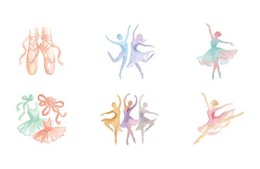 Obraz premium Watercolor Dance Day Icons Set with Ballet Shoes Tutu and Dancers