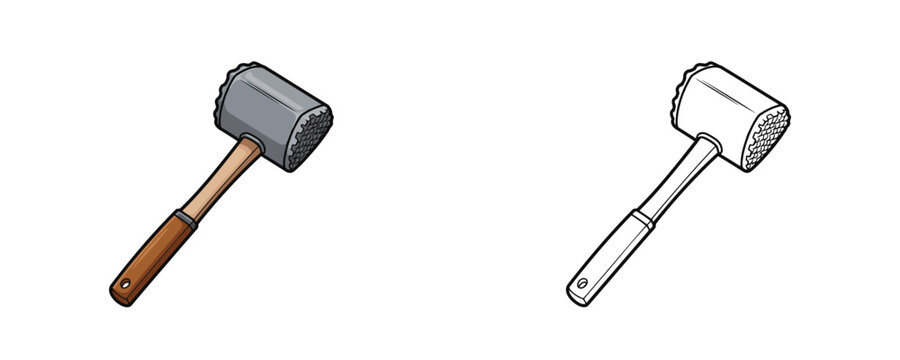 Meat mallet tenderizer in cartoon and line art style with grey and brown colors used for kitchen cooking and steak preparation