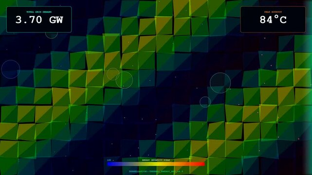 An intricate Energy Consumption Dashboard displaying thermal fluctuations across a polygonal architectural grid with sophisticated data readouts for monitoring industrial power output