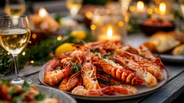 Crayfish Party end of summer concept, long table filled with seafood, candles and decorations, warm festive mood, editorial lifestyle image