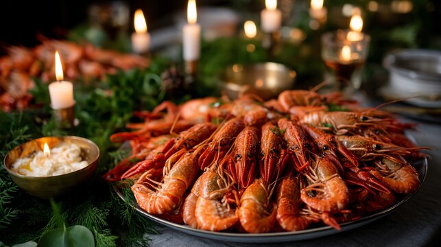 Crayfish Party end of summer concept, long table filled with seafood, candles and decorations, warm festive mood, editorial lifestyle image
