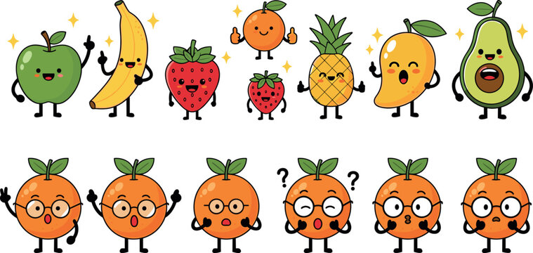 Cute fruit characters collection with different emotions including banana strawberry pineapple mango avocado and orange, cartoon food mascots vector illustration