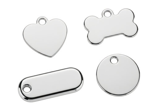 Polished silver pet ID tags collection, blank metal dog name plates for engraving, shiny chrome pet collar charms in heart bone and circle shapes, stainless steel identification pendant set.