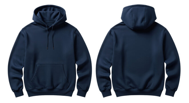Ultra photorealistic navy blue men's brushed cotton fleece hoodie mockup, flat lay front and back views, isolated on transparent studio background, high-key lighting. concept for apparel e-commerce