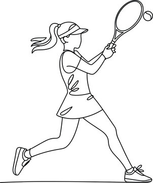 Single line of a female tennis player performing a backhand stroke with a racket and ball isolated on a clean white background