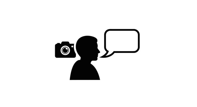 Black silhouette icon of a person talking about photography with a camera.