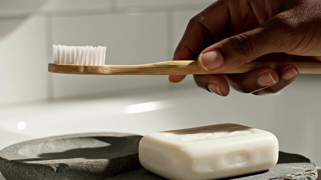 Dark skinned hand reaching for bamboo toothbrush beside natural soap bar on slate. Eco-friendly hygiene routine in minimalist bathroom