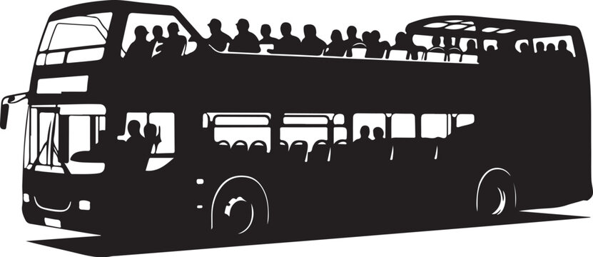 Black silhouette double decker bus, tourist transportation vehicle, city sightseeing tour, monochrome illustration