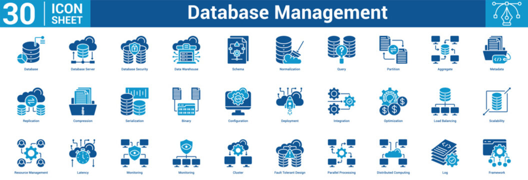 Database Management editable icon set vector illustration concept for business with icon of Database, Database Server, Database Security, Data Warehouse, Schema, Normalization, Query, Partition.