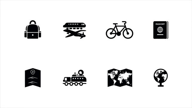 Travel and Transportation Icons Set. Black symbols for vacation, journey, adventure: backpack, airplane, map, passport, bicycle, train, globe.