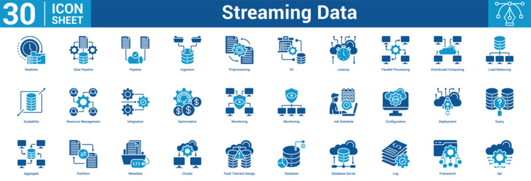 Streaming Data editable icon set vector illustration concept for business with icon of Realtime, Data Pipeline, Pipeline, Ingestion, Preprocessing, Etl, Latency, Parallel Processing, Distribute.