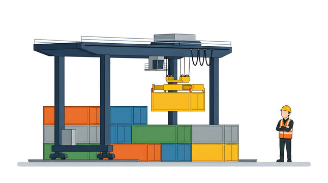 Industrial Crane and Shipping Containers with Worker.