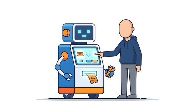 Man interacting with cartoon robot machine.