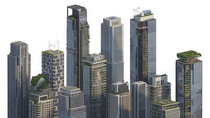 Obraz premium Skyscrapers, business towers, office, residential, commercial tall buildings set. Modern eco cityscape 3D render design element. Smart city megapolis town skyscraper icons isolated, transparent 