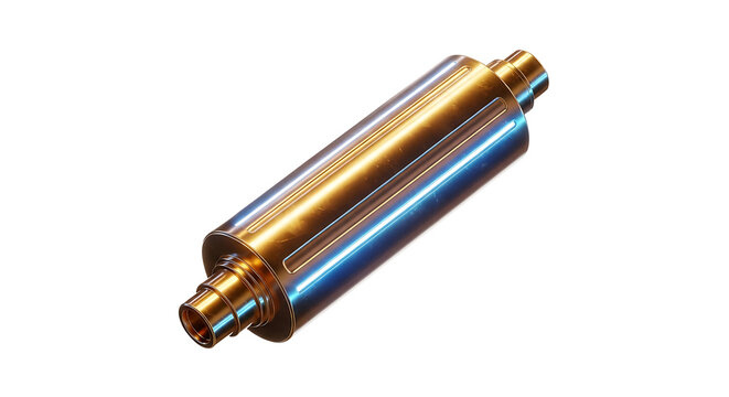 Isolated metallic exhaust muffler with golden and blue chrome finish, automotive spare part, car tuning element, high resolution render