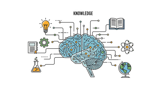 Illustration of a stylized brain with interconnected circuits, symbolizing artificial intelligence, neural networks, and cognitive processes, surrounded by science and innovation icons