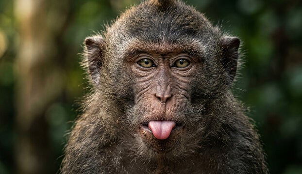 A closeup portrait of a wild baboon mammal looking with intense eyes as the animal's fur and hair are captured in a nature safari park