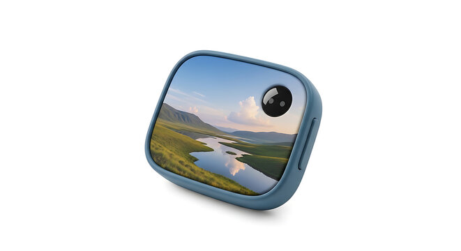 Isolated digital camera displaying a scenic landscape with a winding river and lush green hills, perfect for travel or nature photography themes