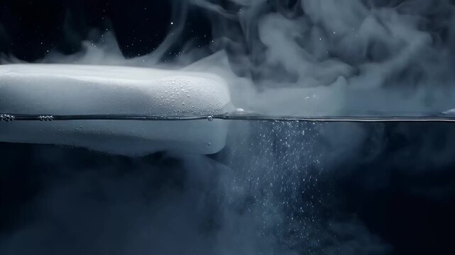 Dry ice sublimating in water with dense white smoke and bubbles on dark background, science concept