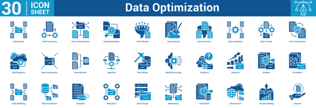Data Optimization editable icon set vector illustration concept for business with icon of Optimization, Data Processing, Data Transformation, Data Manipulation, Data Filtering, Data Cleaning, Dat.