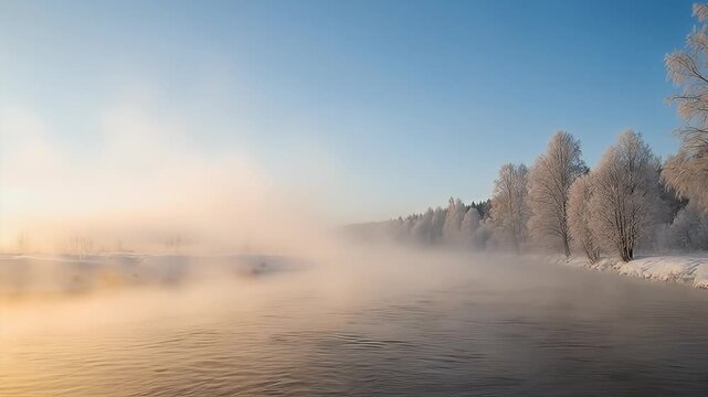 Mist Rising over a Snowy River Landscape on a Winter Day