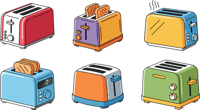 Modern toaster set with colorful kitchen appliances and bread slices vector illustration collection isolated on light background