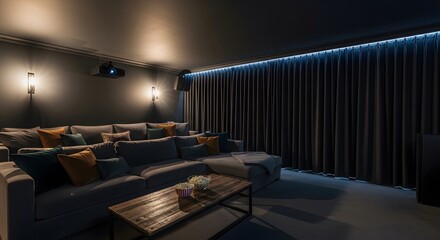 Naklejka premium Luxurious Home Theater Interior With Plush Seating Projector And Ambient Lighting For Immersive Entertainment Experience