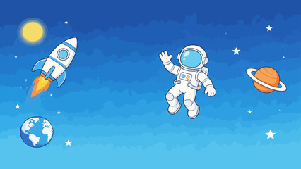 Cartoon astronaut in space with rocket and planets © Wester
