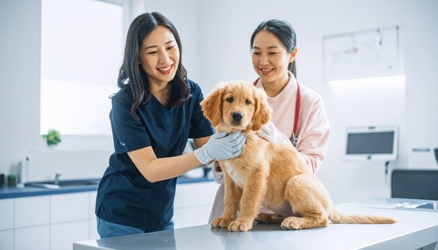 Female Vet Examining Golden Retriever Puppy and Owner in Modern Clinic