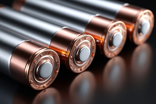 Close up of cylindrical lithium battery cells arranged in a connected series, highlighting electrical power and energy technology.