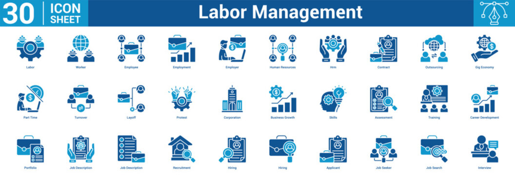 Labor Management editable icon set vector illustration concept for business with icon of Labor, Worker, Employee, Employment, Employer, Human Resources, Hrm, Contract, Outsourcing, Gig Economy, Par.
