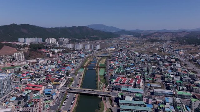 Aerial Drone Footage of Peaceful Ocheon Port and Chungcheong Suyeongseong Fortress, Boryeong, South Korea