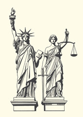 Fototapeta premium Statue of liberty and lady justice figures side by side symbolic illustration constitution government republicanism allegory illustration engraving landmark monument national patriotic