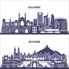 Fototapeta premium Gujarat Ahmedabad and Mysore Skyline Silhouette Vector Set