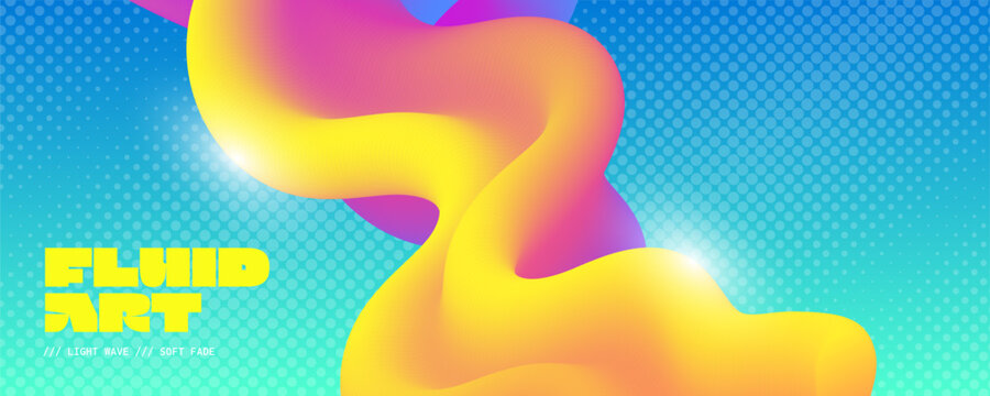 Bright 3d fluid art thick wavy yellow and pink gradient shape on a blue halftone dotted background
