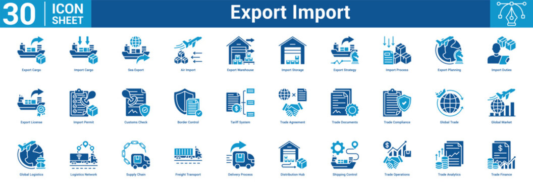 Export Import editable icon set vector illustration containing business with icon of Export Cargo, Import Cargo, Sea Export, Air Import, Export Warehouse, Import Storage, Export Strategy, Import.