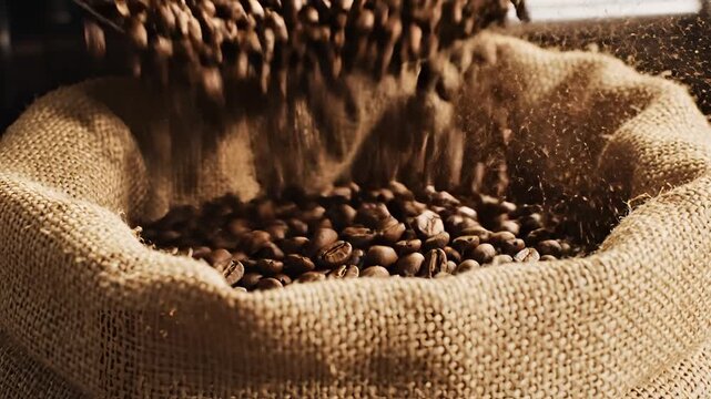 Freshly Roasted Coffee Beans Pouring into a Burlap Sack.