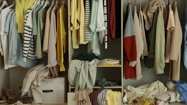Many different messy clothes in wardrobe indoors, closeup. Camera moving up
