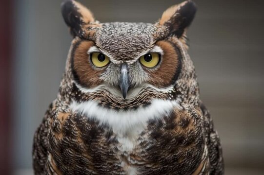Great horned owl with intense gaze and spread wings ready for flight captured in cinematic high definition motion footage