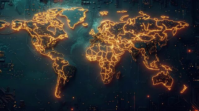 A glowing, digital map of the world, rendered with circuit board design